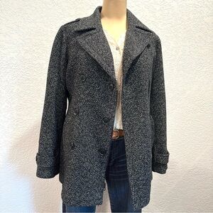 Lucky Brand Wool Blend Double-Breasted Zip Up Pea Coat Black & White Tweed
